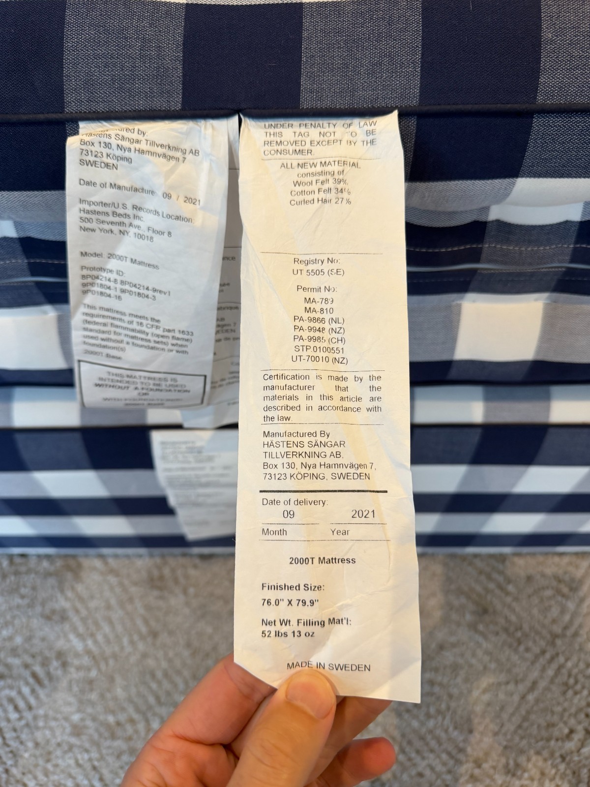 $91,000 HASTENS 2000t MATTRESS/BED