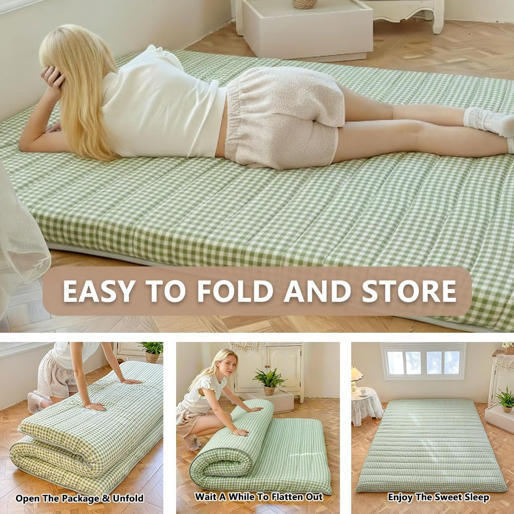 Green Gingham 3.5″ Thick Futon Mattress, Foldable Tatami Pad, Queen Size