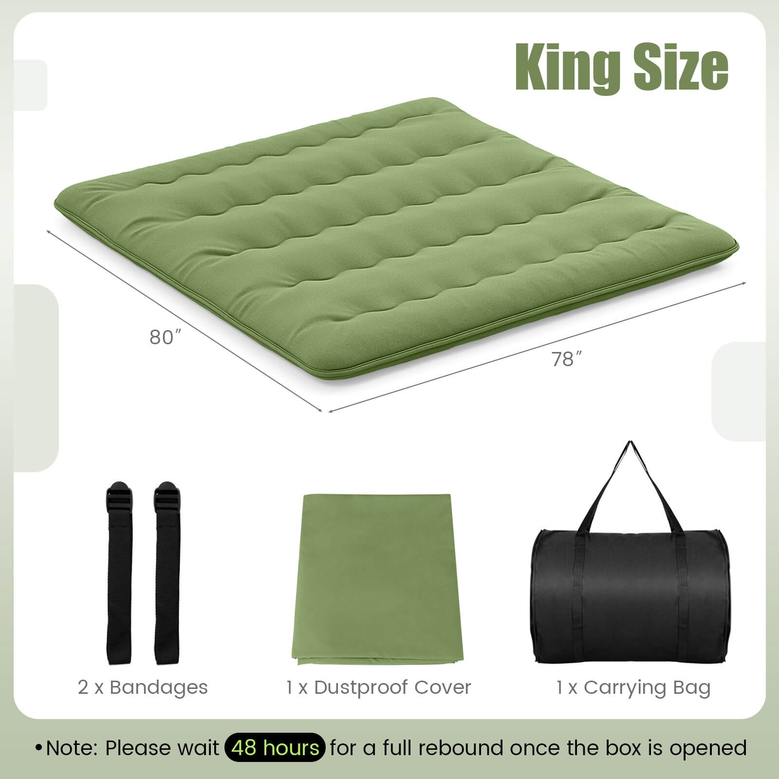 King Futon Mattress Japanese Floor Pad Washable Cover Carry Bag Green