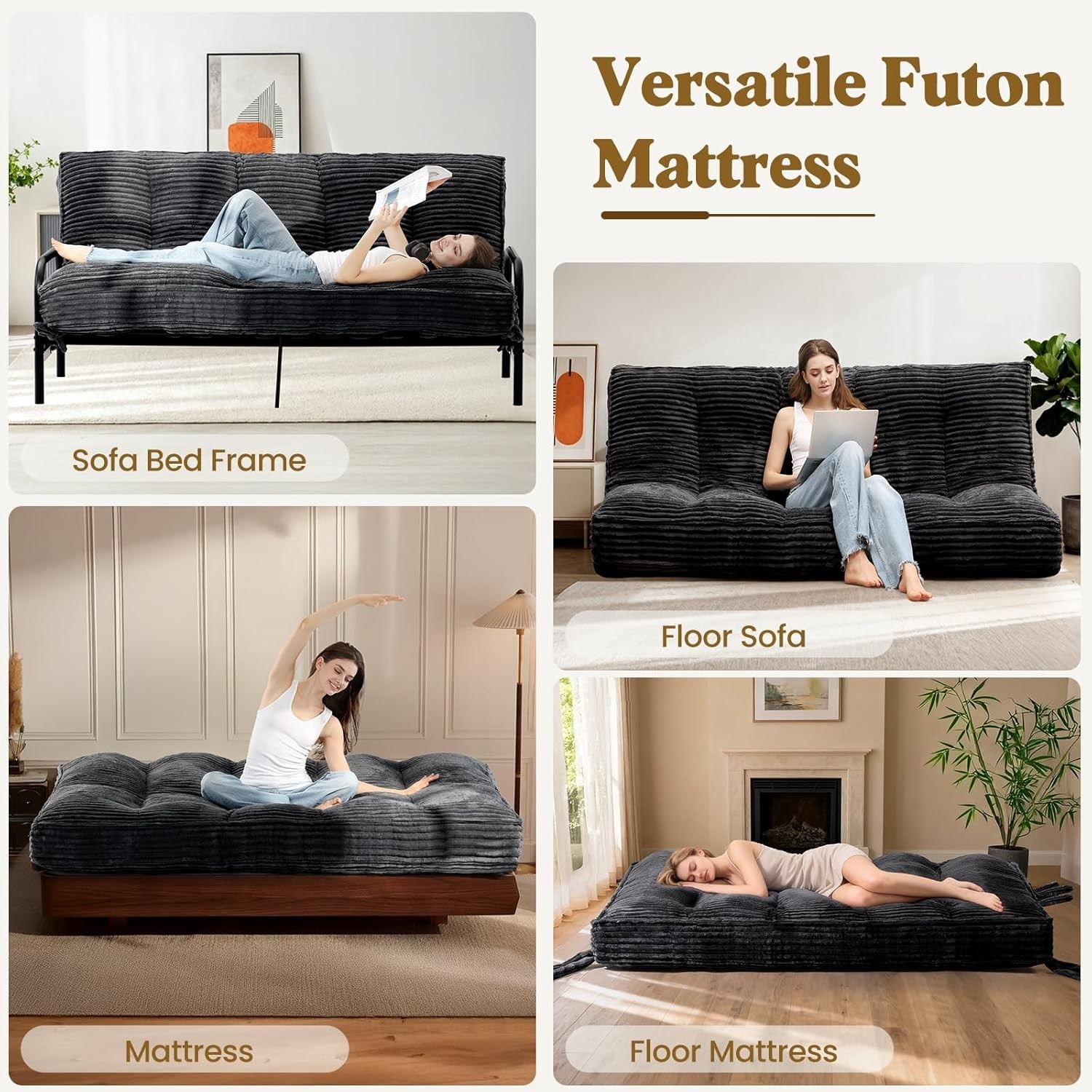 10″ Futon Mattress Queen Size Futons Sofa Couch Bed with Straps Thick Corduroy
