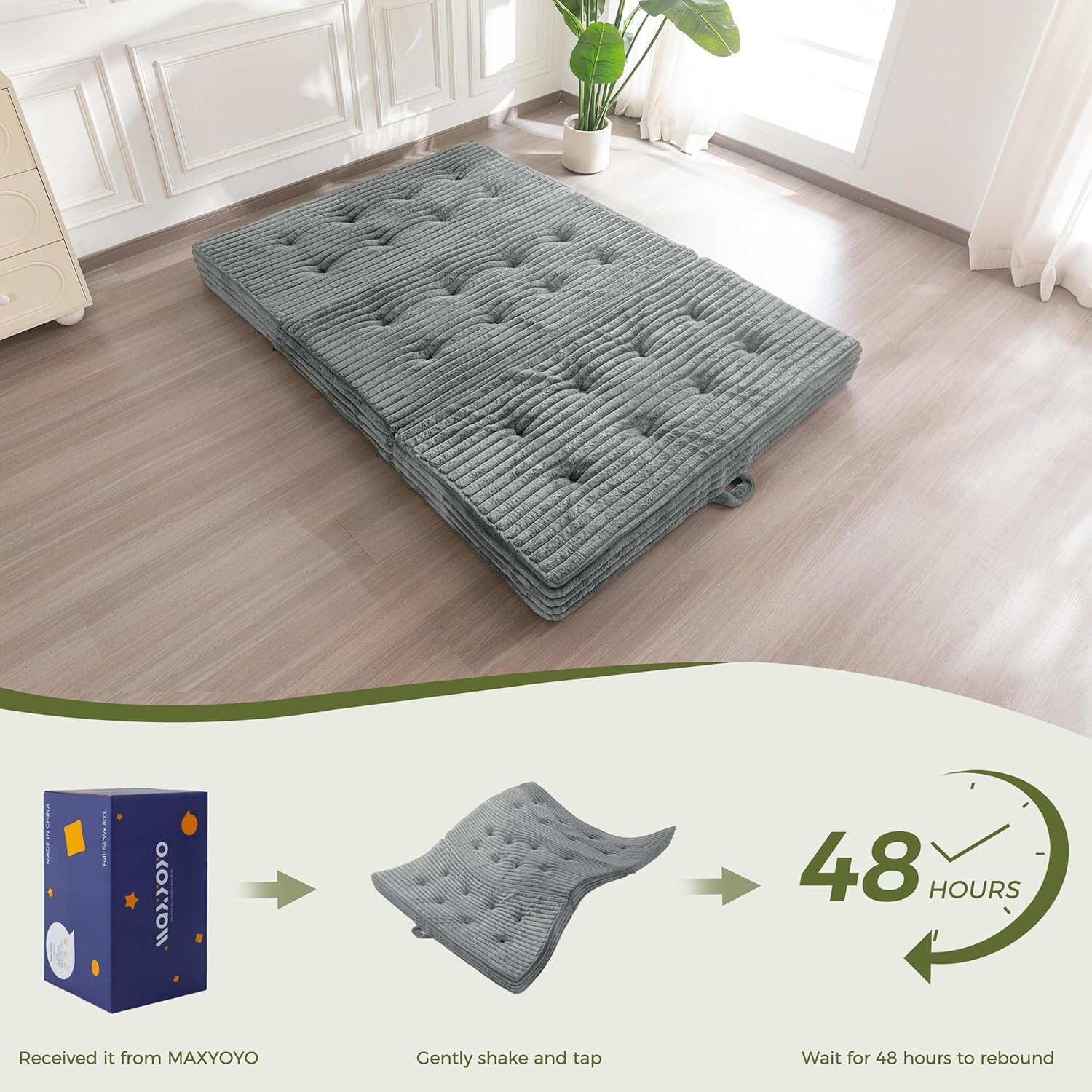 Tri-Fold Folding Mattress with Handles, 6-Inch Portable Sofa Bed, Grey