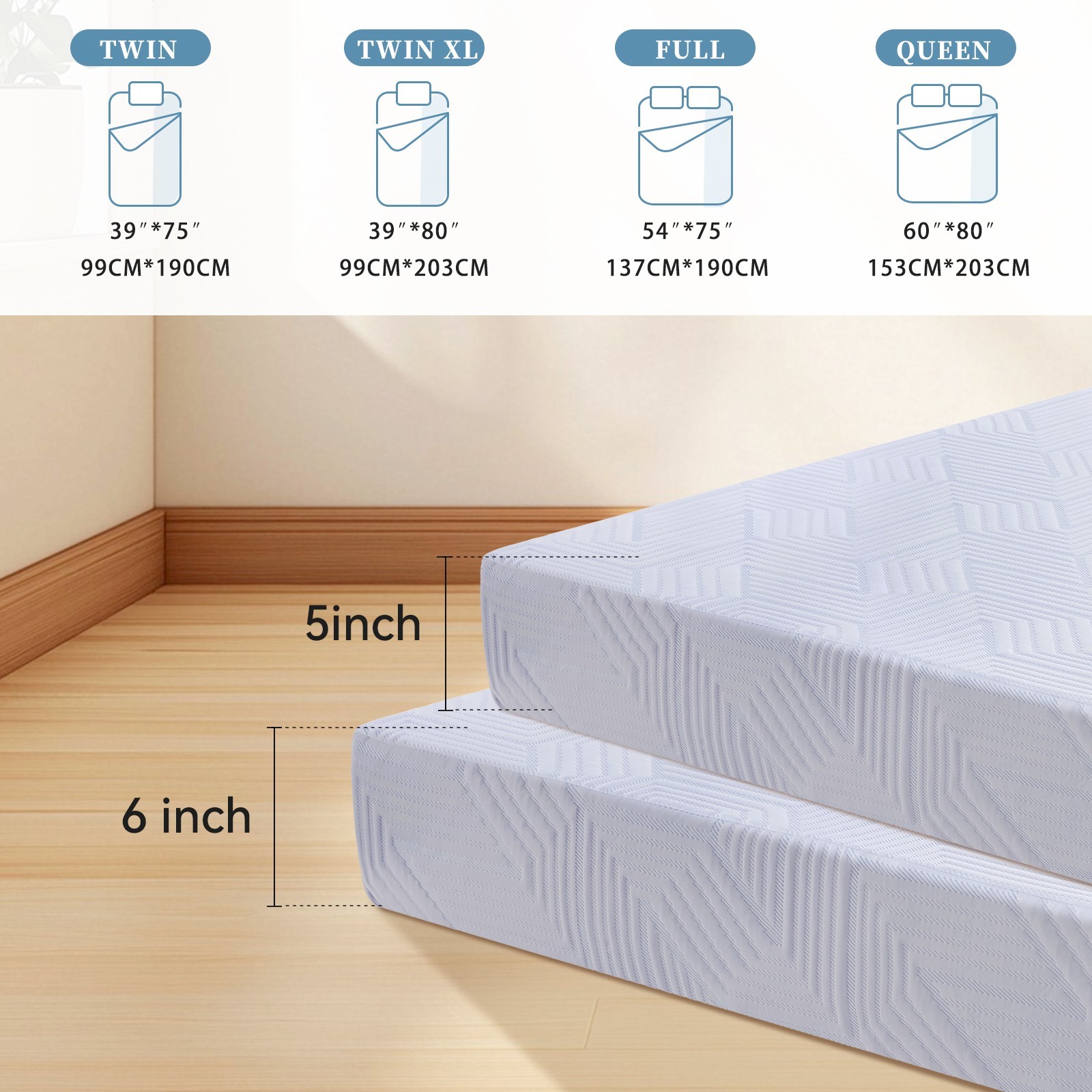 5″ 6″ Memory Foam Mattress for Kids Removable Cover Medium Twin Txl Full Queen
