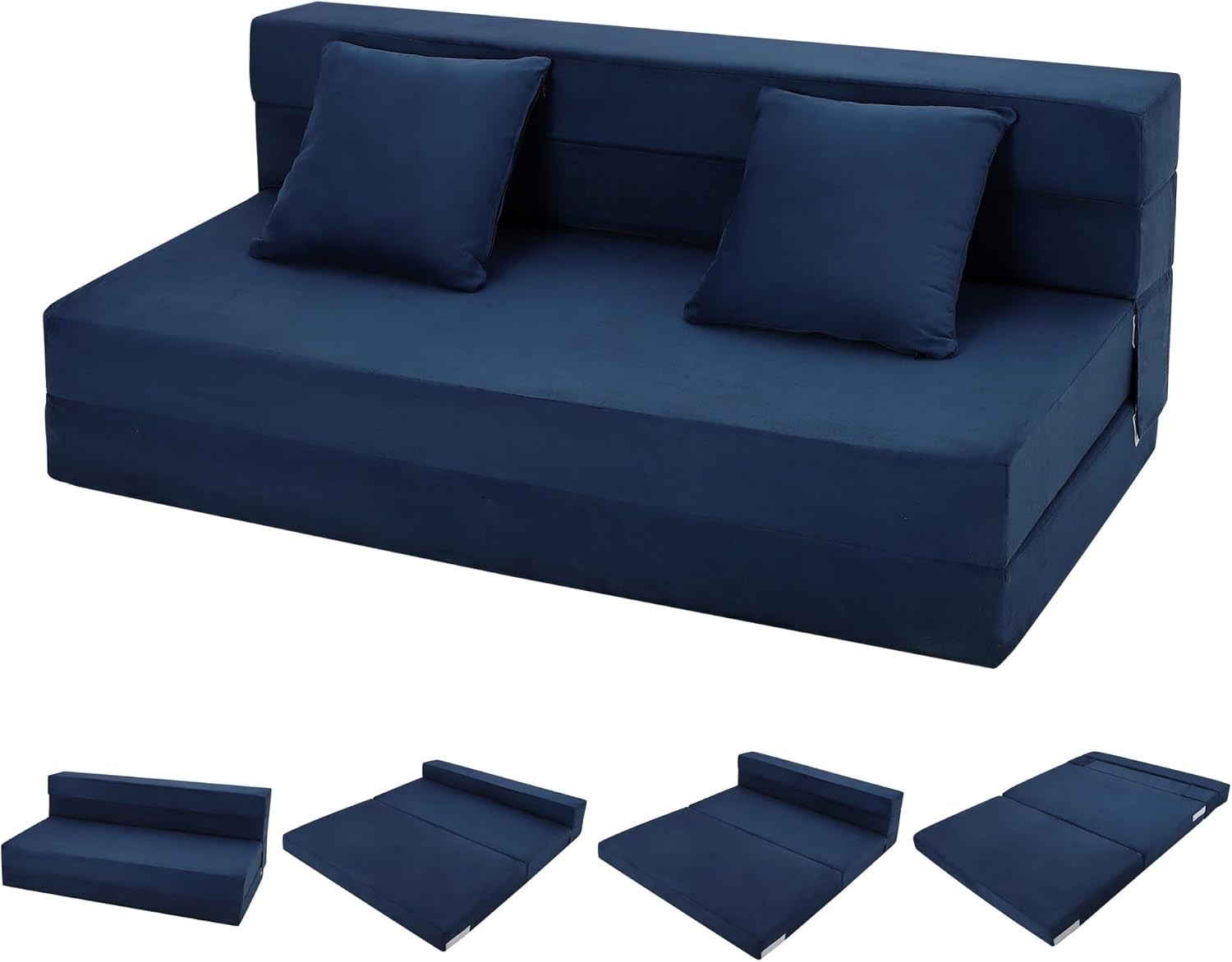 Queen Size Folding Sofa Bed Convertible Floor Futon Bed Mattresses w/ 2 Pillows