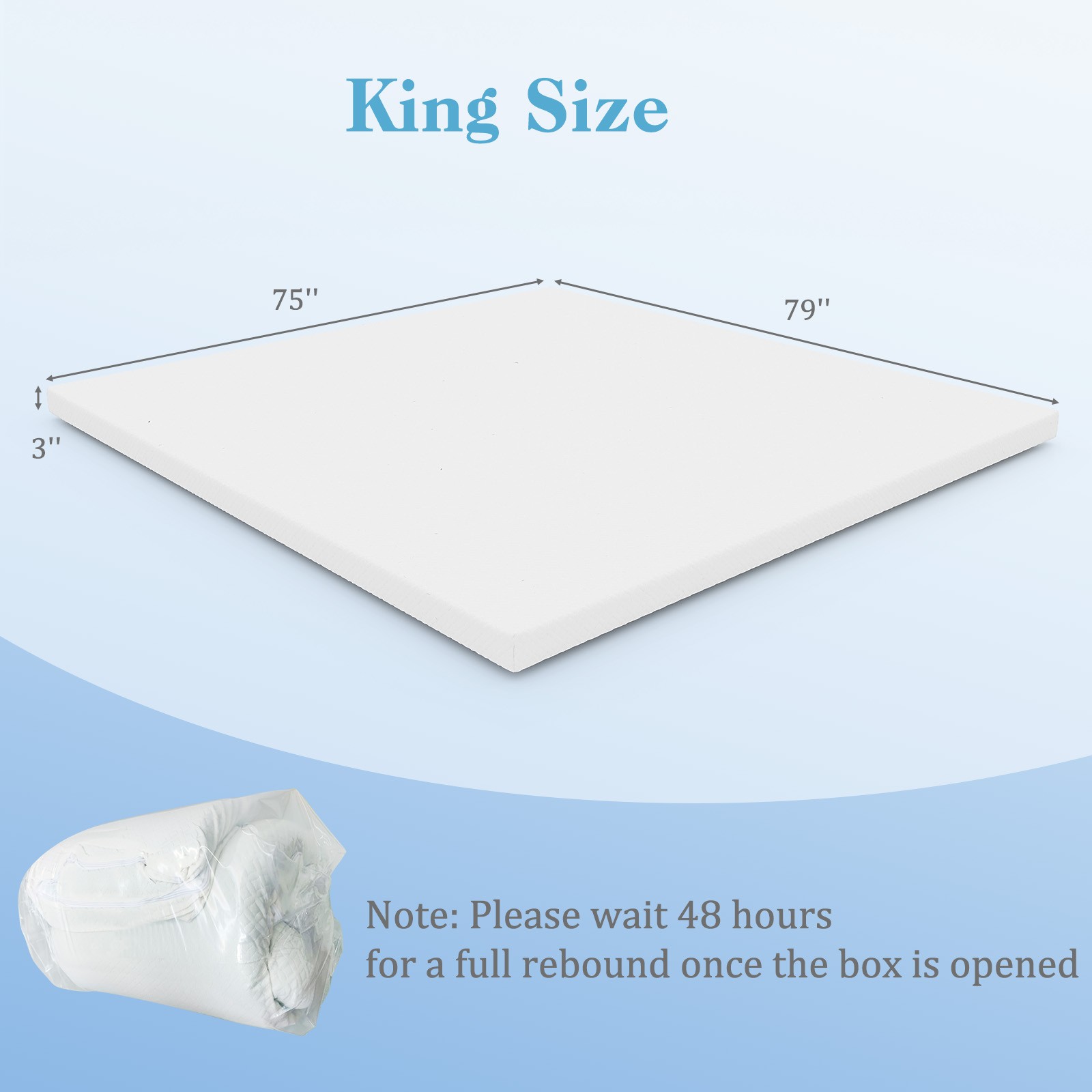 3“ Gel-Infused Memory Foam Mattress Topper w/ Removable & Washable Cover King