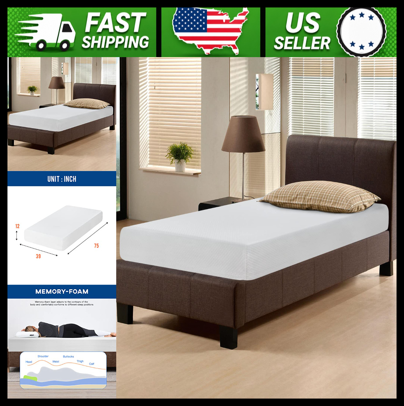 FDW 12 Inch Twin Gel Memory Foam Mattress Medium Firm White Bed in a Box