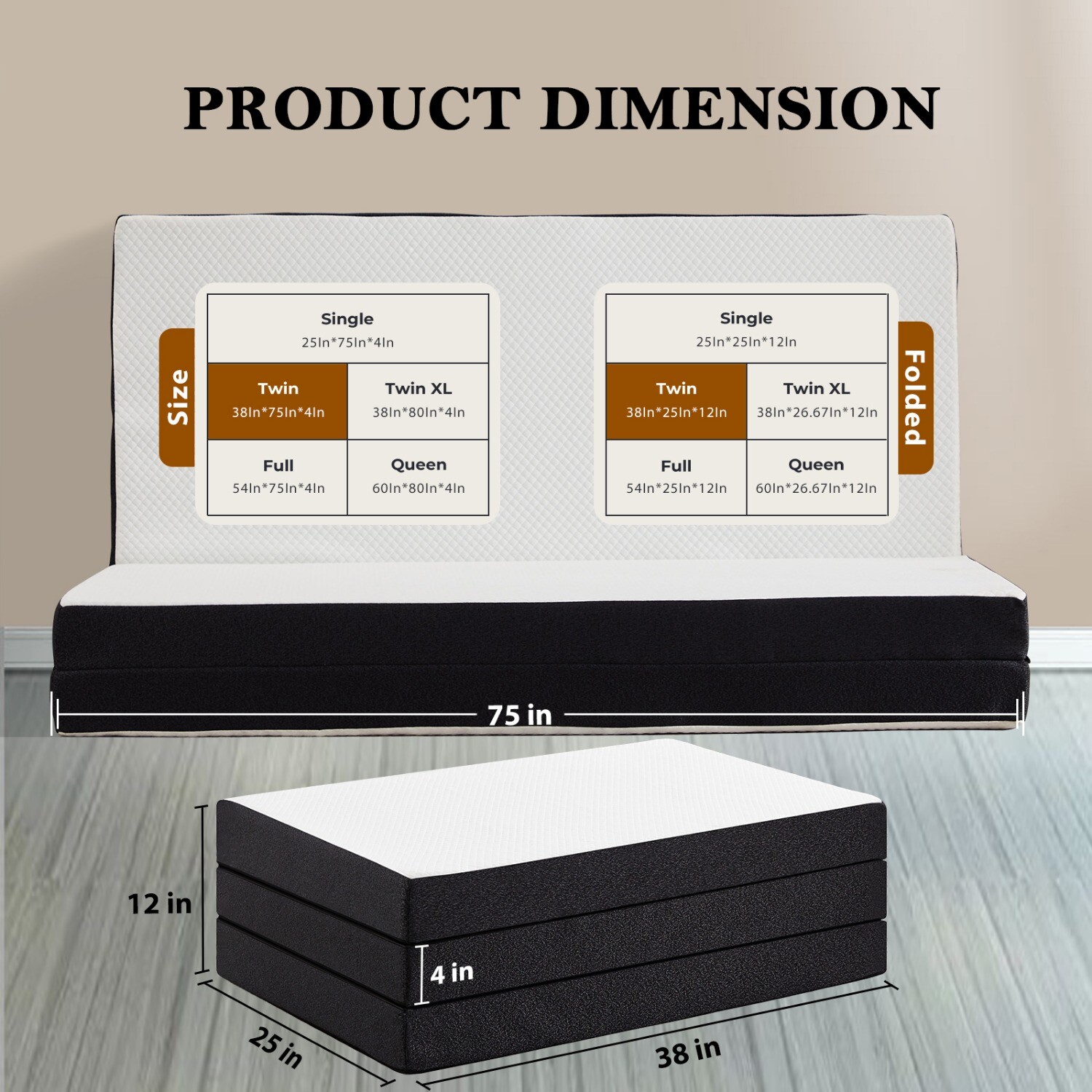 4″ Tri-fold Memory Foam Mattress w/ Washable Cover, Foldable&Portable Floor Bed