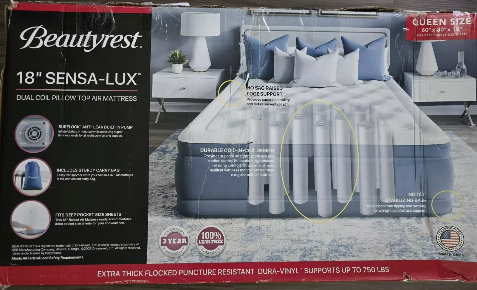 Beautyrest Silver 18″ Sensa-lux Dual Coil Pillow Top Air Mattress Queen Size!