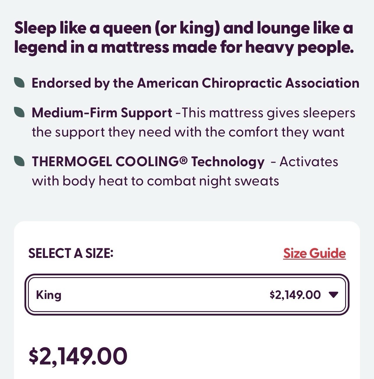 Big Fig Classic King Size Mattress W/ THERMOGEL COOLING® Technology MSRP $2,149