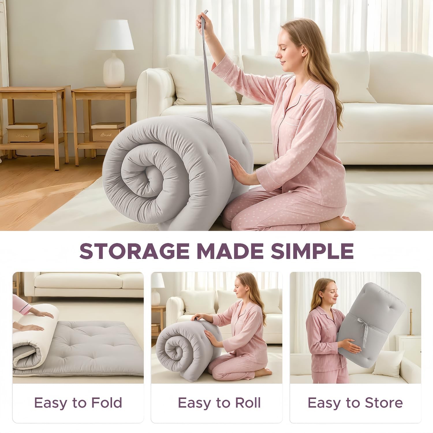 Foldable Japanese Floor Mattress, 100% Cotton, 2.5″ Thick Futon Pad, High Densit