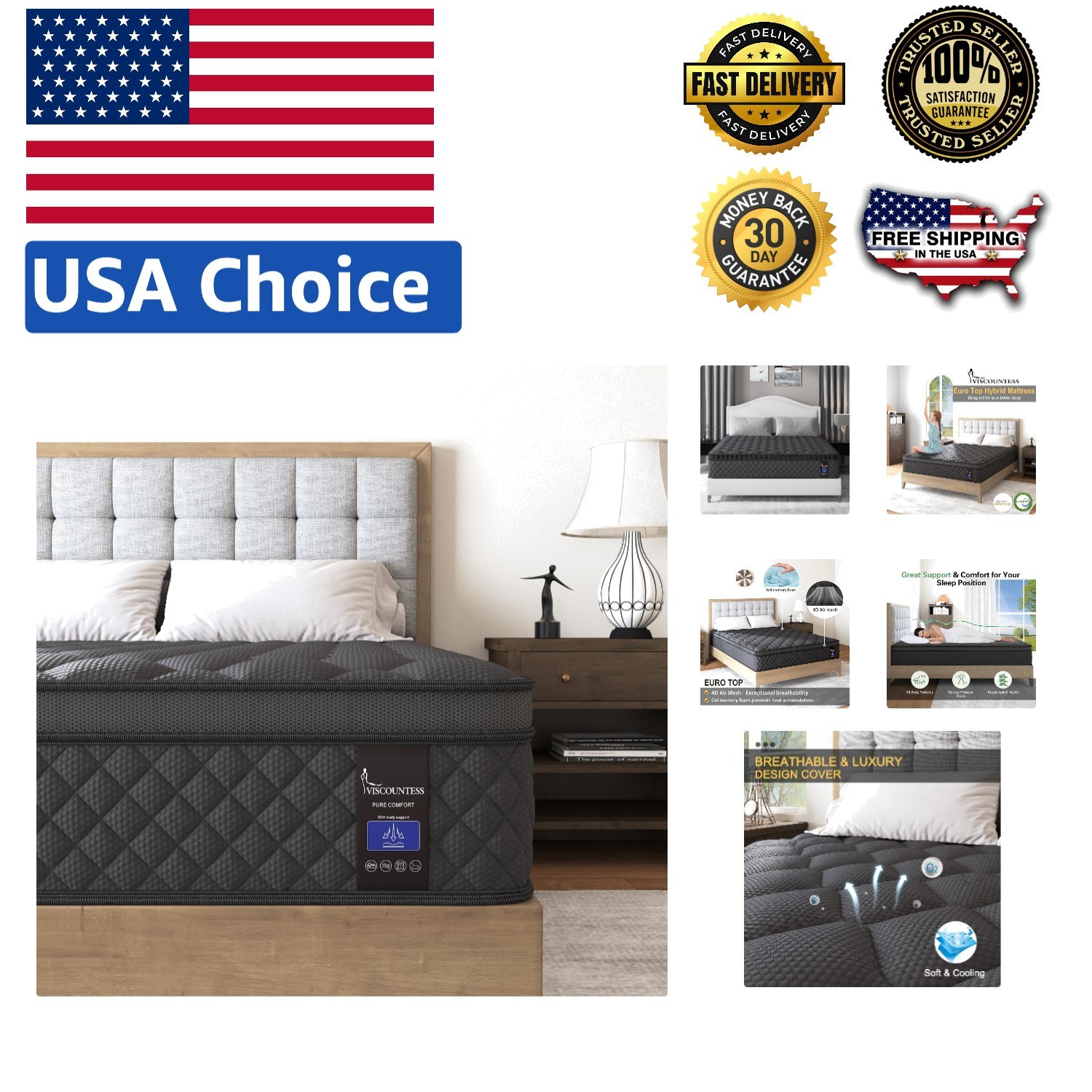14 Inch Twin Euro Top Hybrid Mattress with 100 Night Trial & 10-