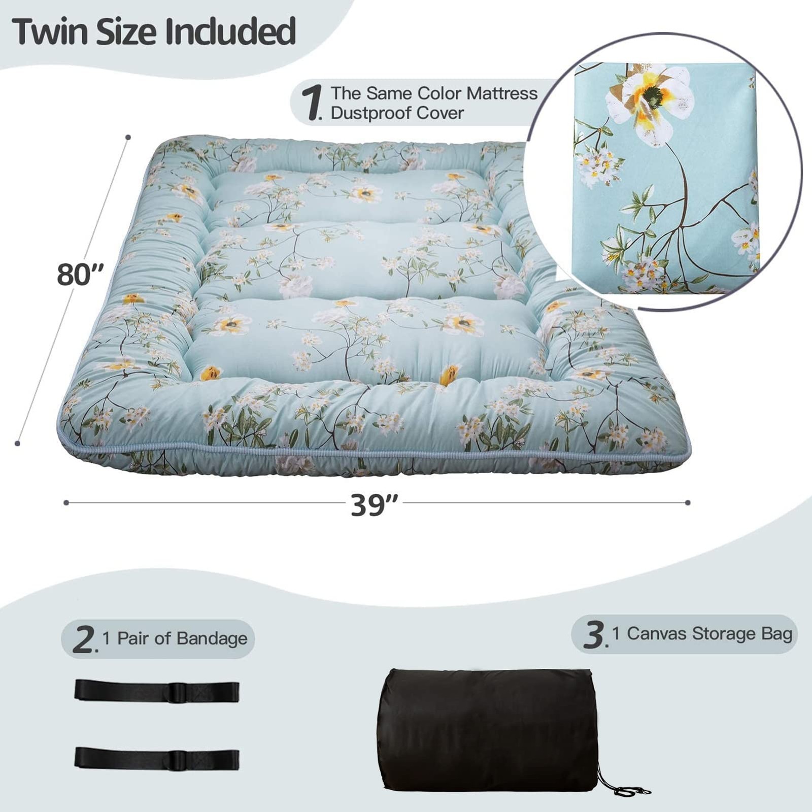 Rustic Floral Korean Floor Mattress, Foldable Mat Roll Up Camping Mattress, T…