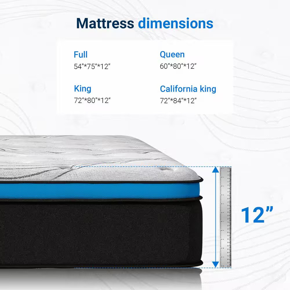 12 In. Medium Hybrid Gel Foam Mattress，Pillow Top Queen Mattress