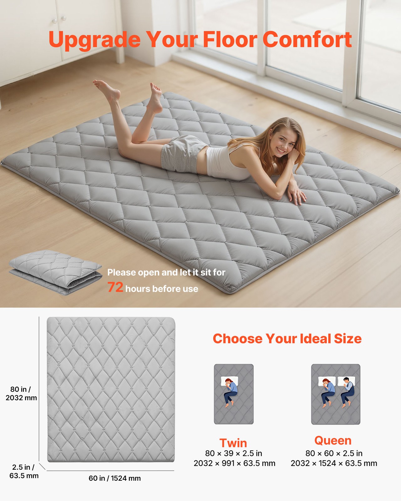 VEVOR Japanese Tatami Mattress Queen Foldable Futon Mat with Storage Bag Gray