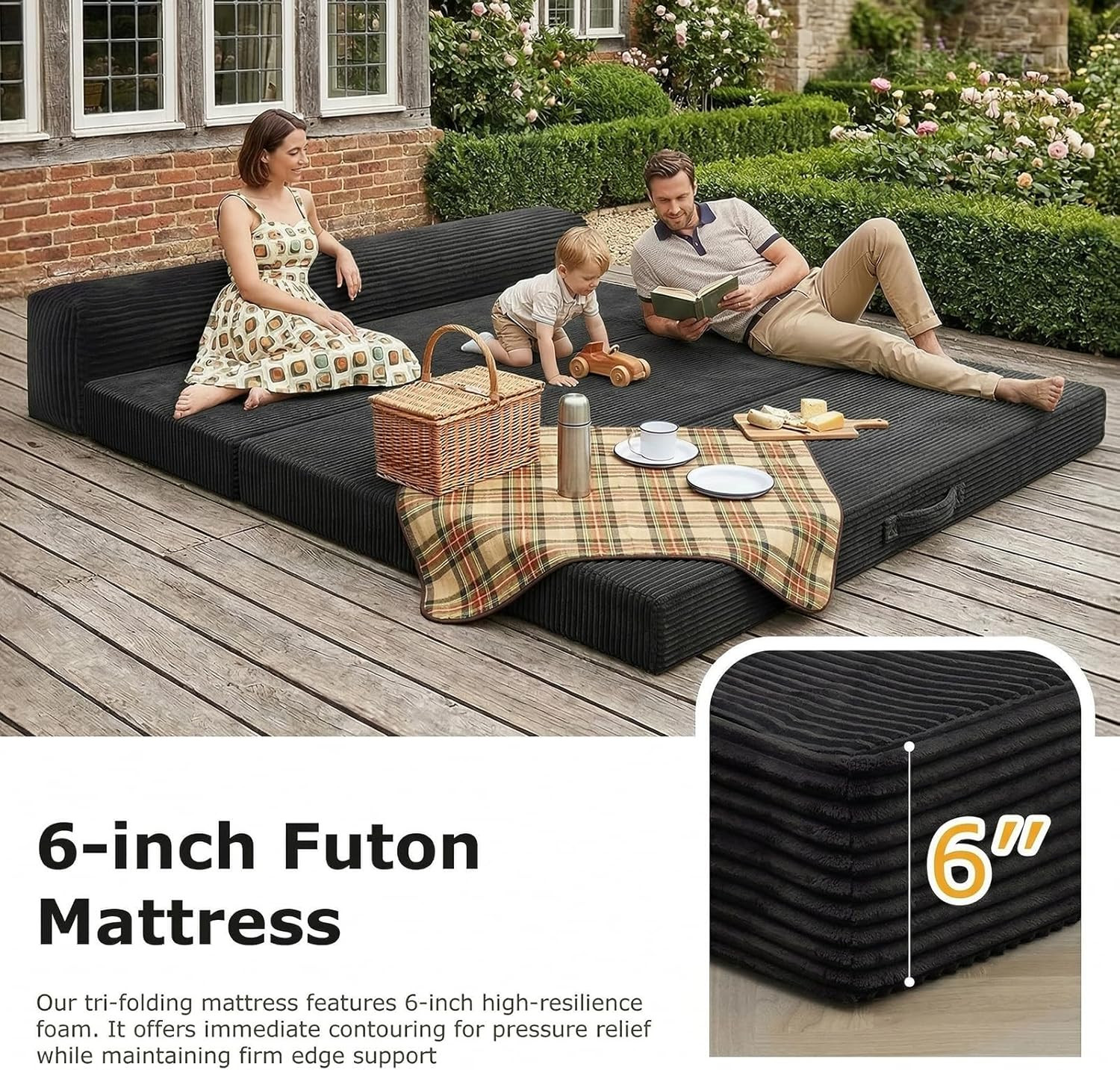 6″ Tri-Folding Full Mattress Sofa Bed, Washable Cover, High-Density Foam, Black
