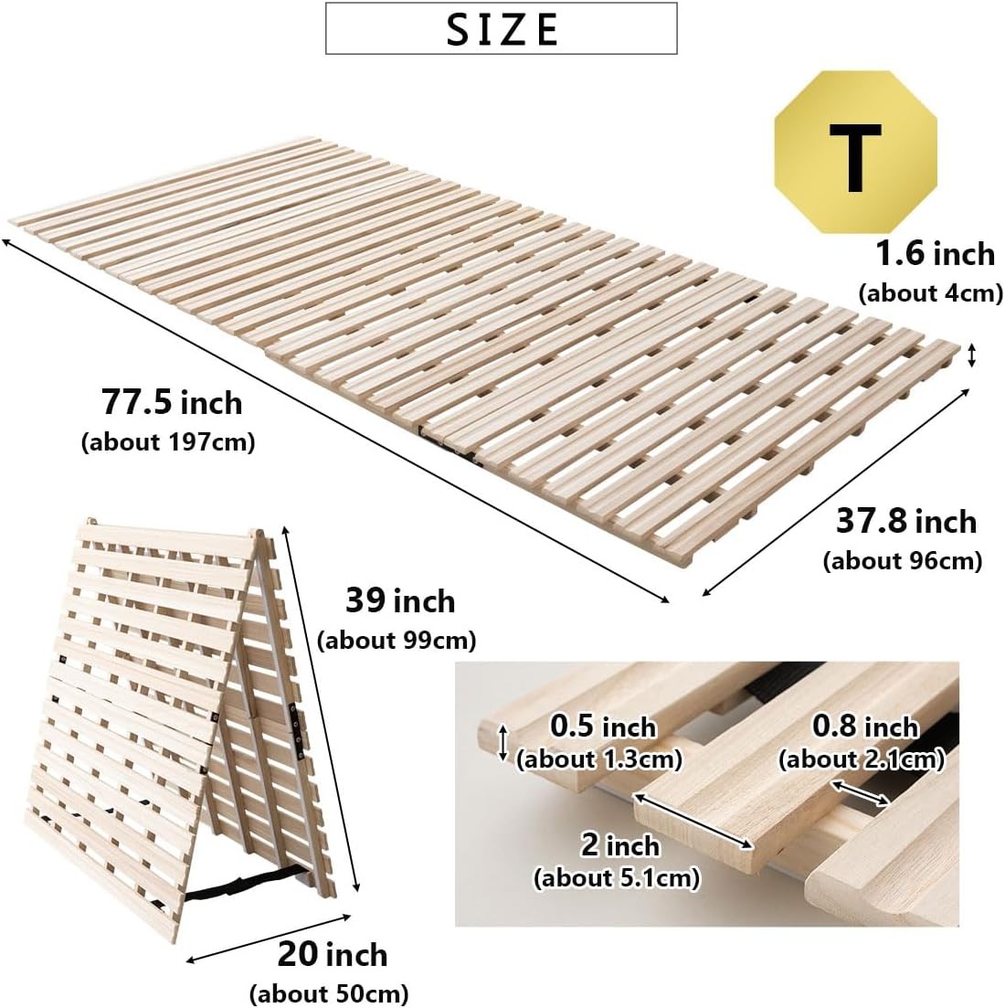 Wood Half-Fold-Type Slatted Bed Twin (38x78in) for Japanese Floor