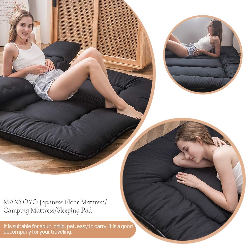 Japanese Floor Mattress Futon, 4″ Tatami Mat, Foldable Sleeping Pad, Full, Black