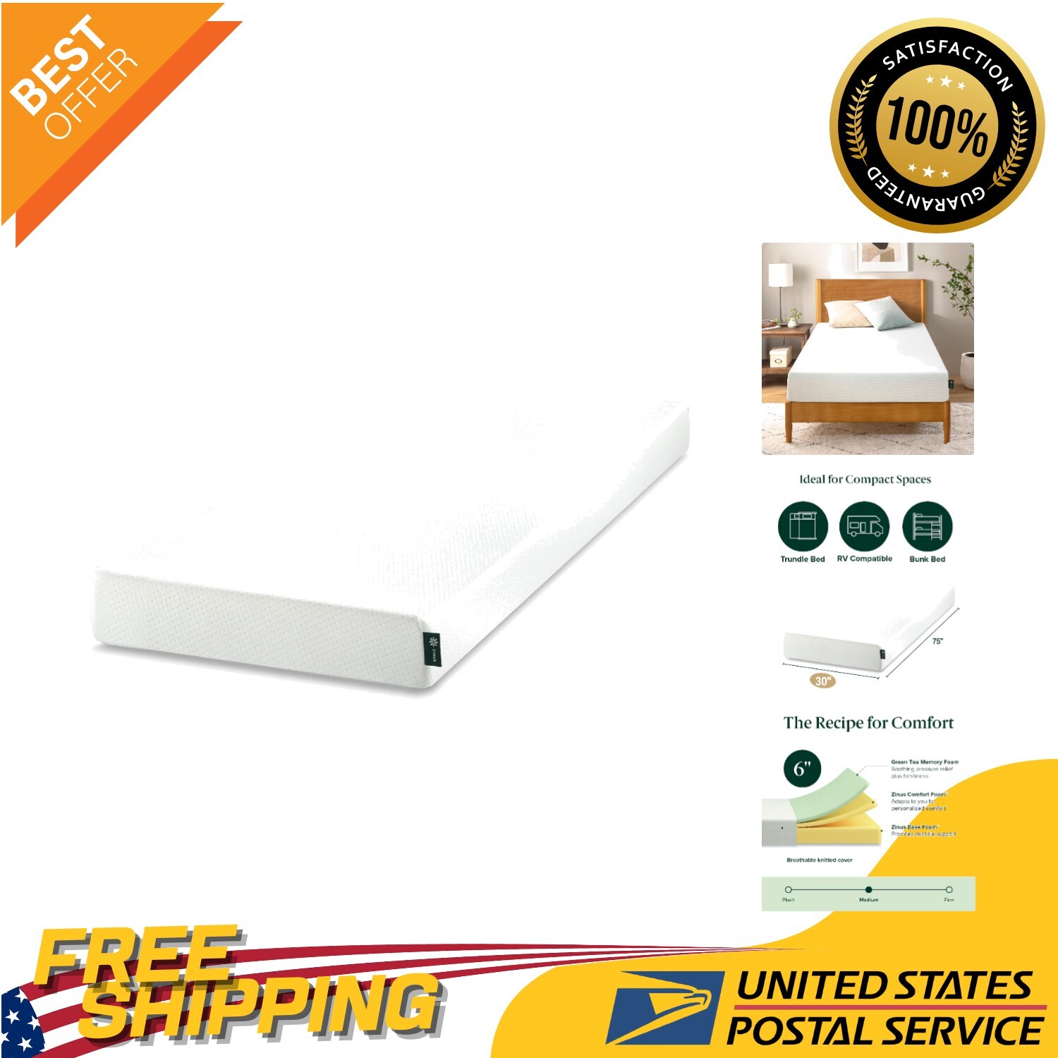 CertiPUR-US Certified Memory Foam Mattress, 75″ x 30″ – Perfect for RVs Trundles