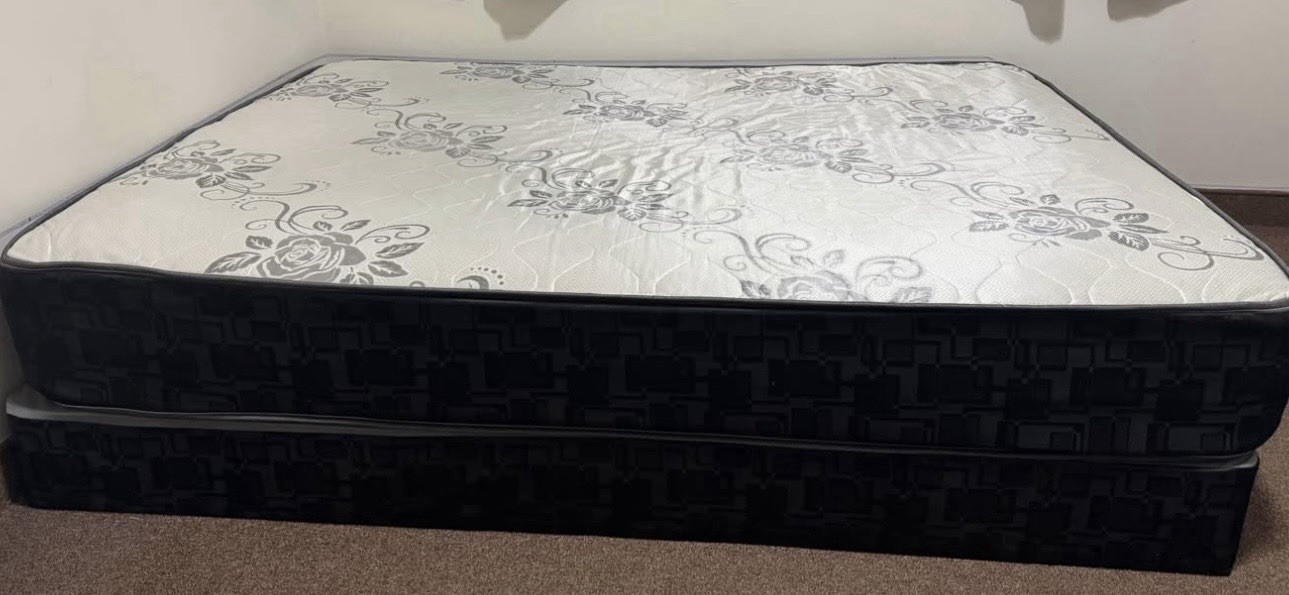 Floral Pattern Mattress and Box Spring Set, White Gray Black, Bedroom Rectangle