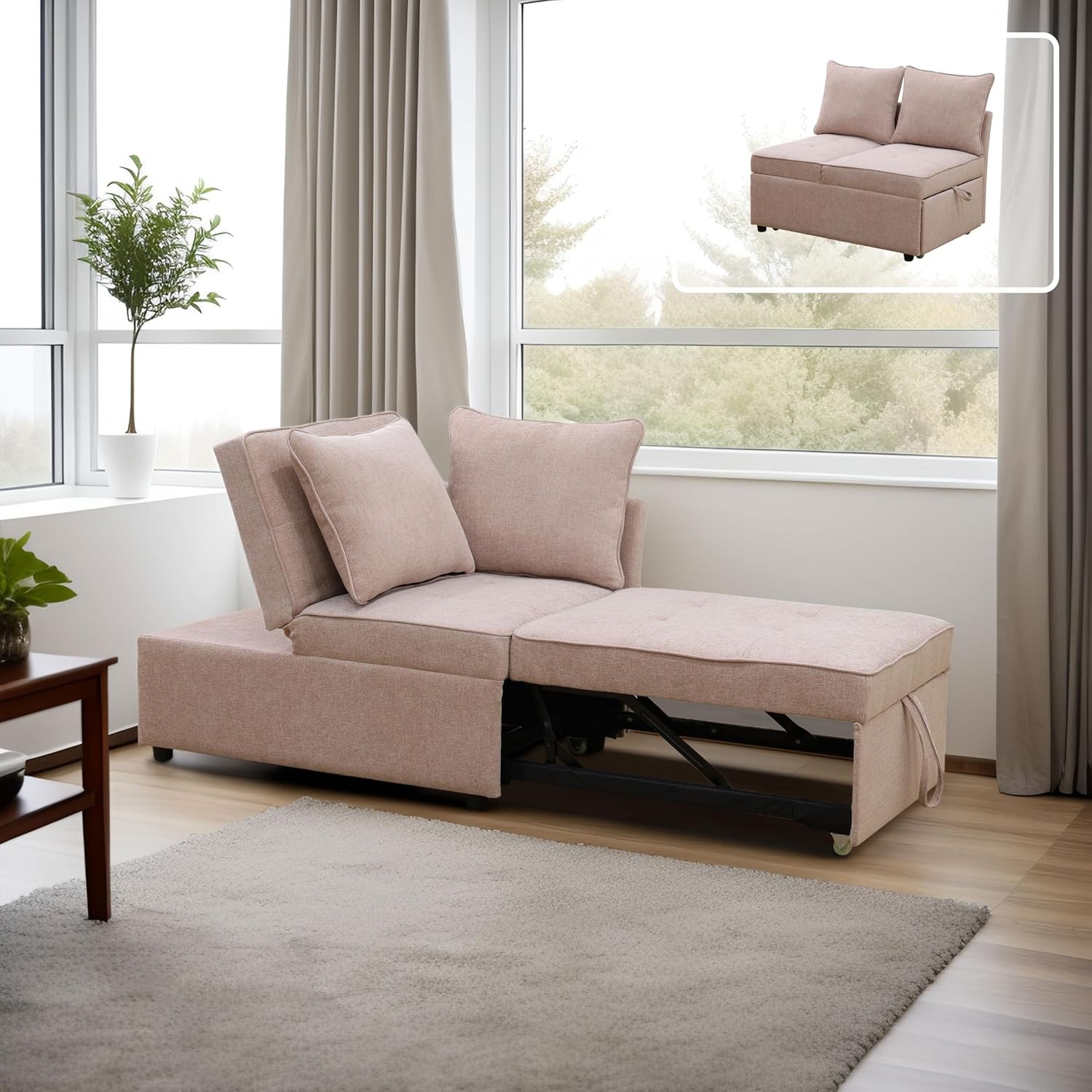 Sleeper Sofa, 4-in-1 Convertible Ottoman Couch Bed, Modern Sacloth Futon