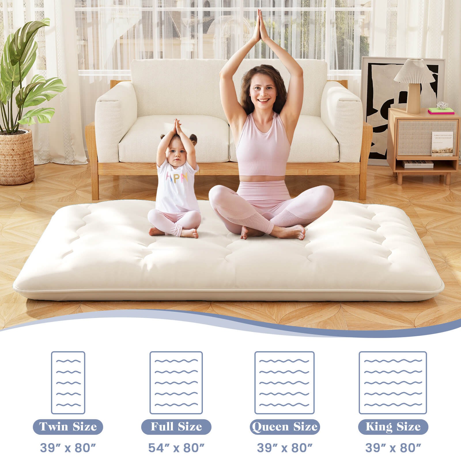 Full Futon Mattress Japanese Sleeping Pad Lounge Bed w/ Washable Cover Beige