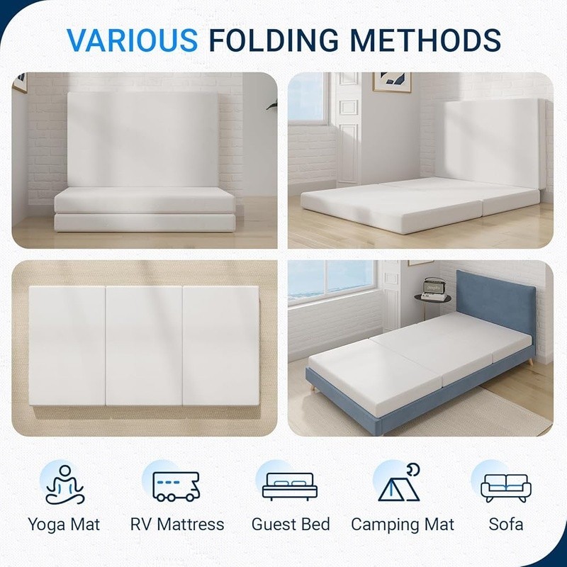 4 Inch Tri-Fold Folding Mattress Portable Camping Travel Guest Bed Play Mat New