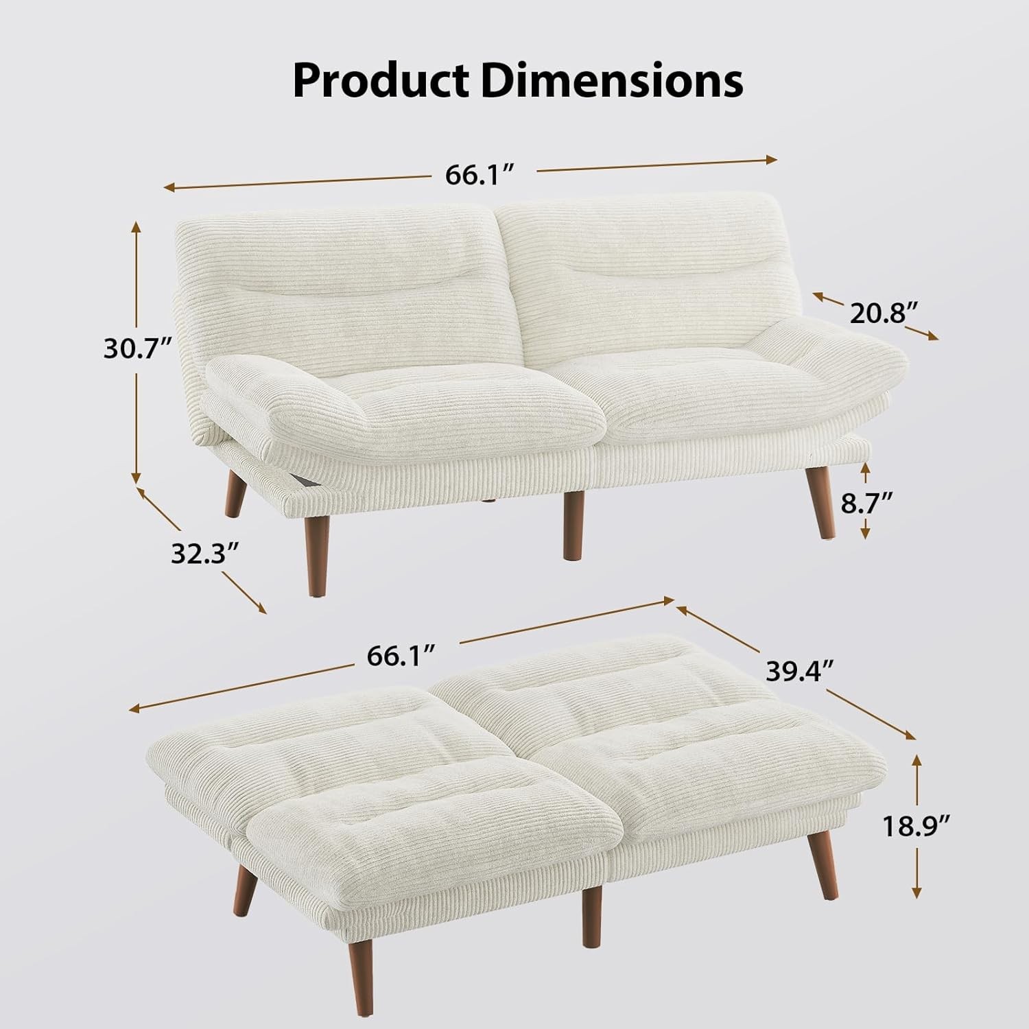 Pipi Futon Sofa Bed, 66 Inch Corduroy Futon Couch Convertible with