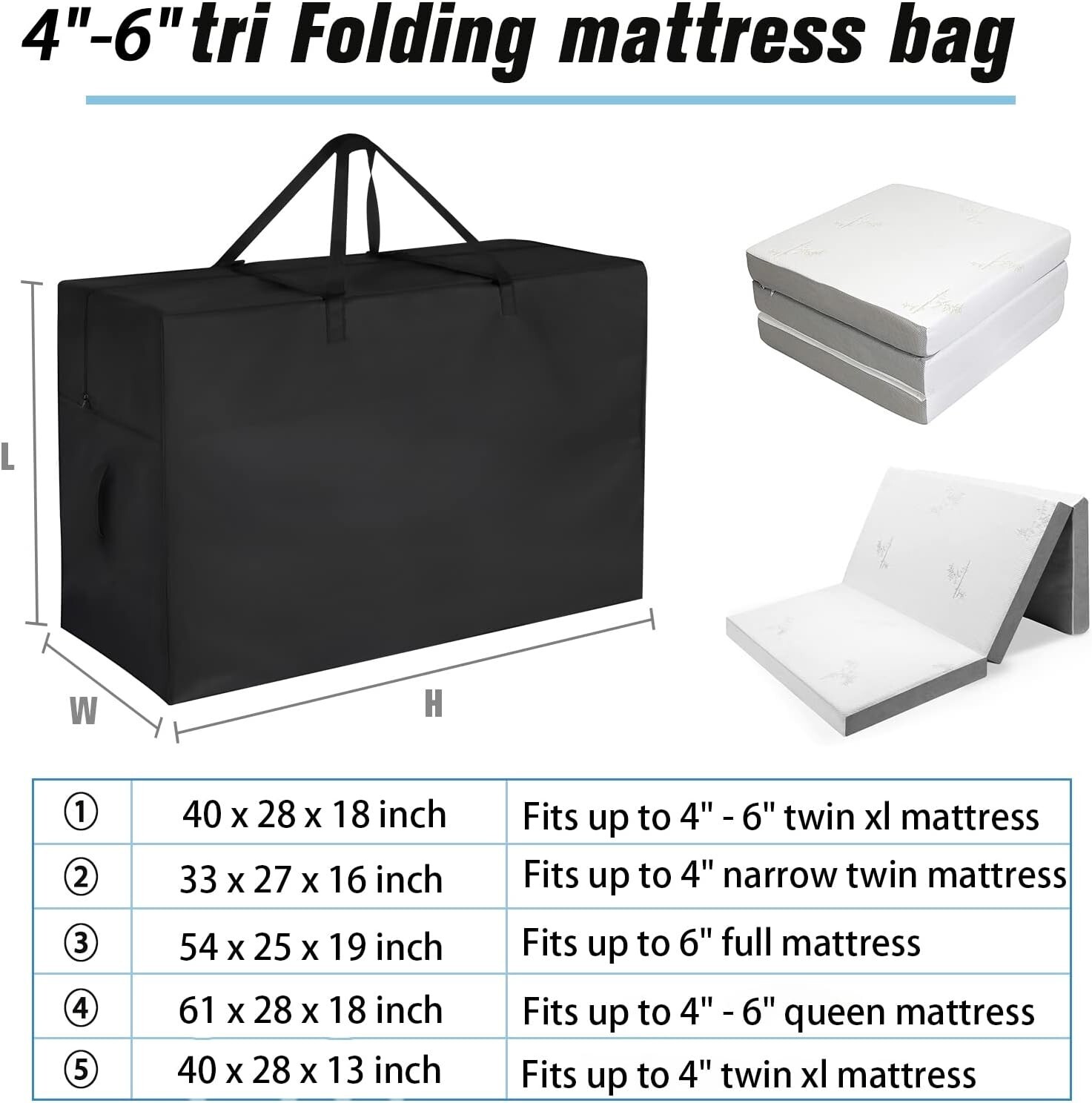 Tri-Fold Mattress Storage Bag, Zippered Carry Case for 4-6″XL Twin Foam Mattress