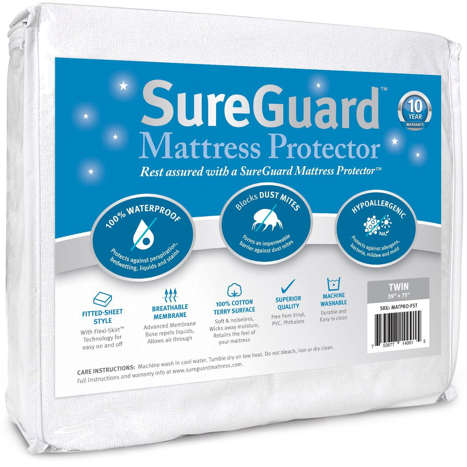 SureGuard Twin Size Mattress Protector – 100% Waterproof, Twin, White