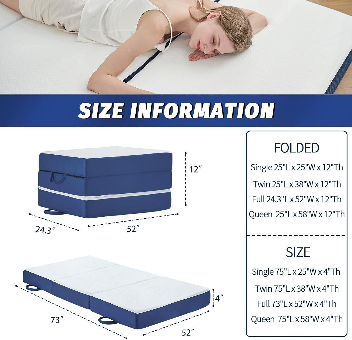 Folding Mattress Queen Size,4 Inch Memory Foam Tri Portable Trifold Mattress Top
