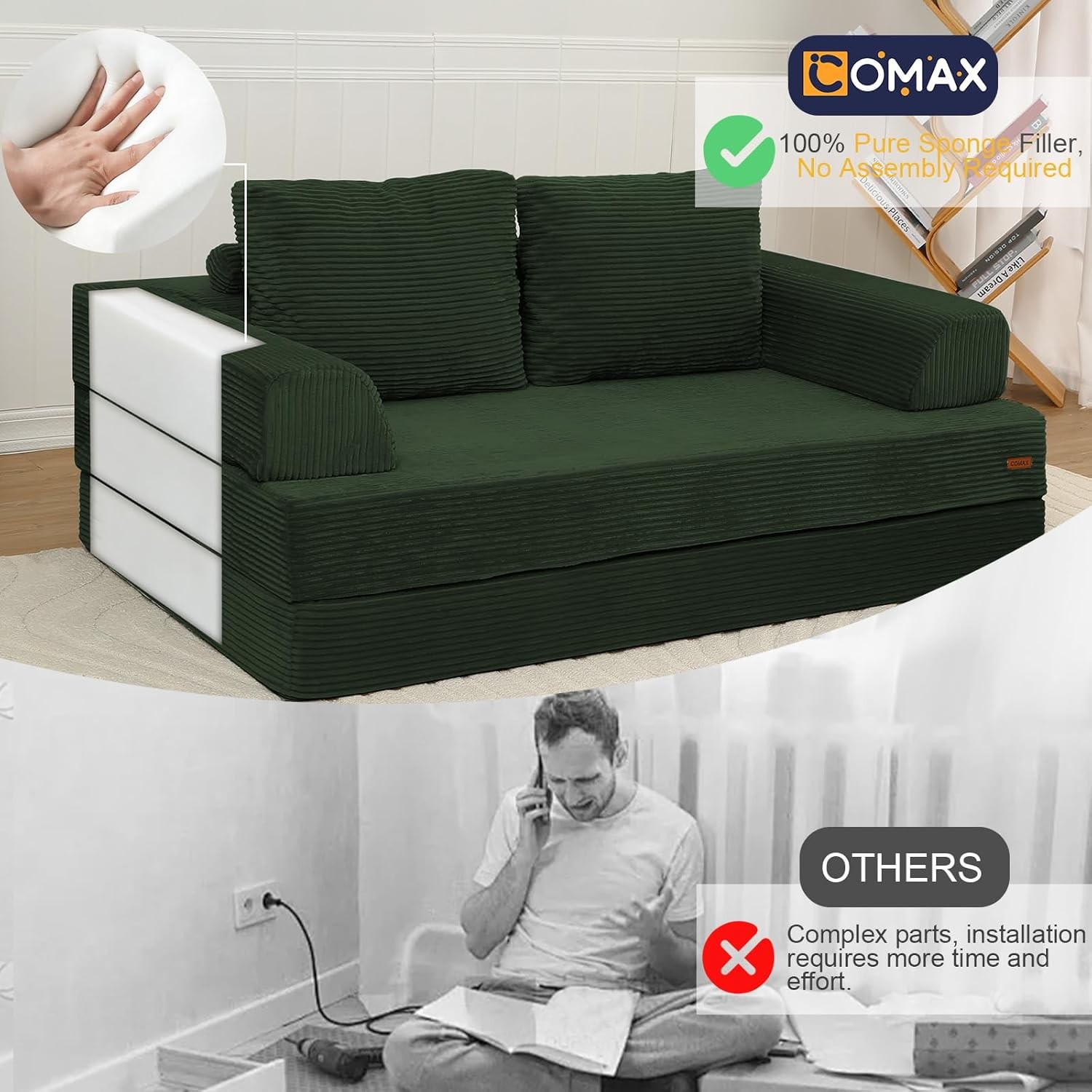 AX Convertible Sofa Bed, Folding Floor Couch Corduroy Fold Out Couch