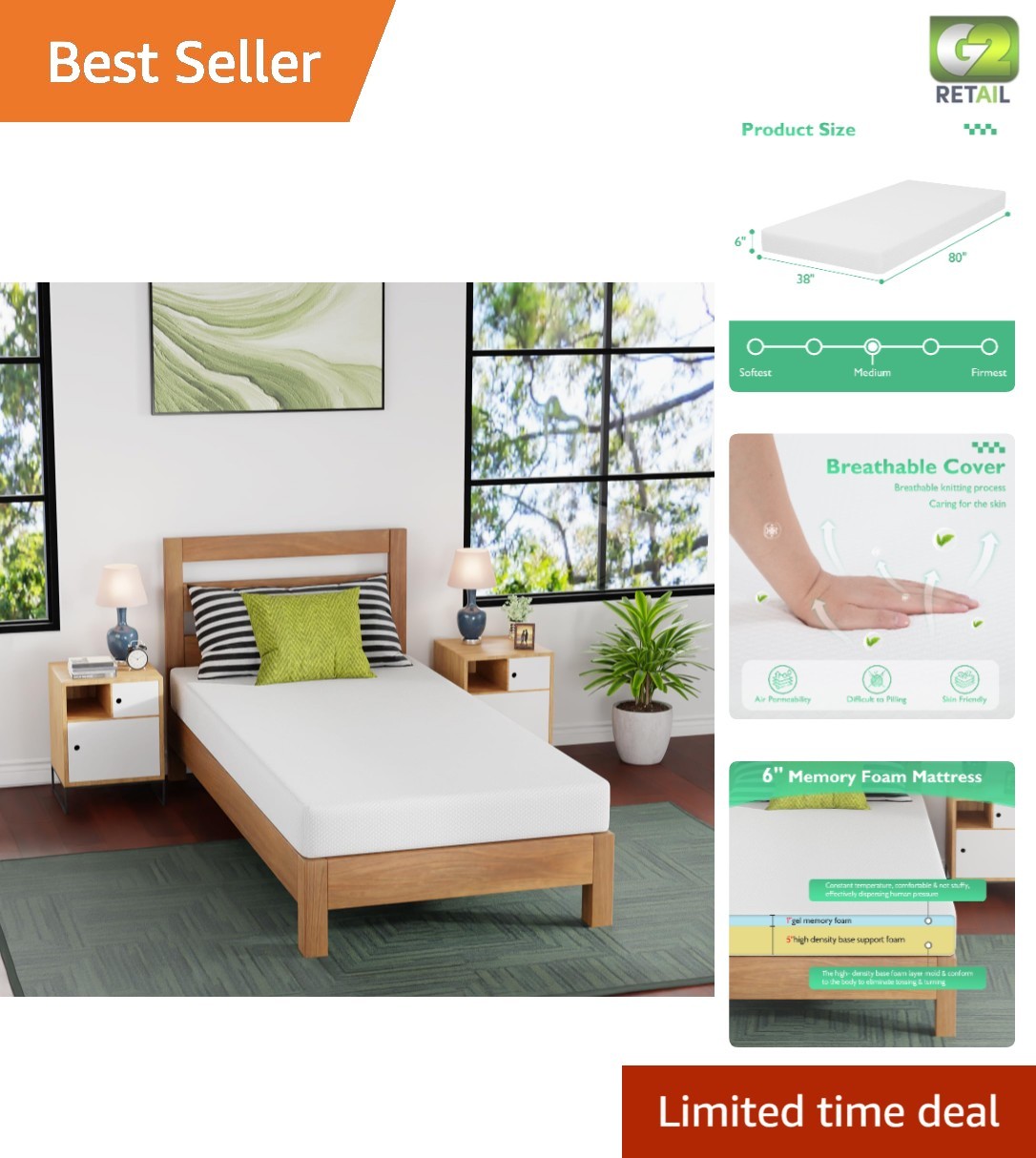 Comfortable 6 Inch Twin XL Mattress | Medium Firm Gel Memory Foam Bed in a Box