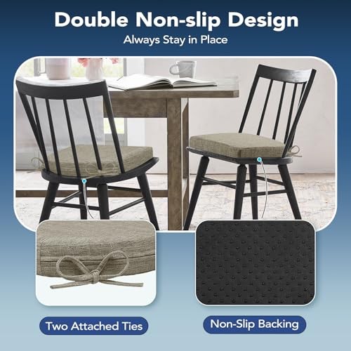 Chair Cushions for Dining Chairs, Non Slip Chair Pads with Ties Pack of 6 Khaki