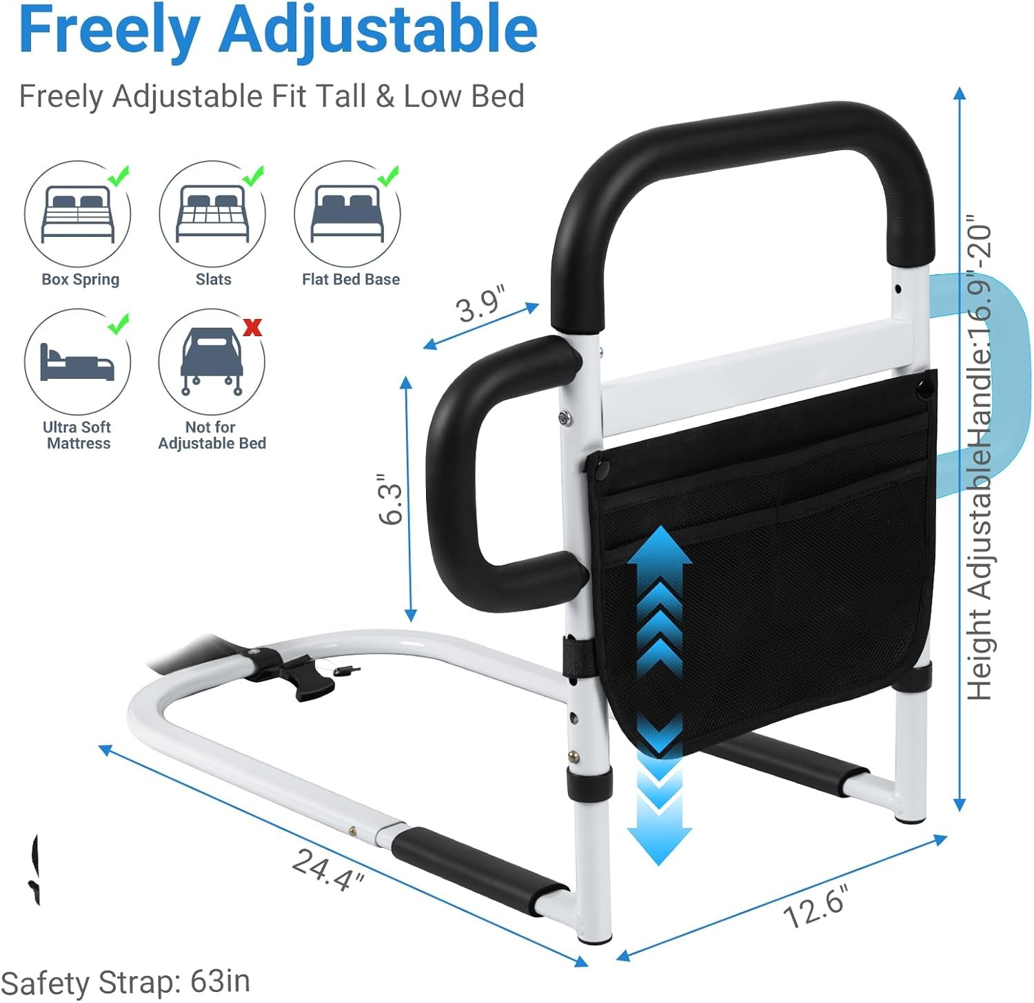Bed Rails for Elderly Adults Safety Adjustable Bed Side Rails With Storage Bag