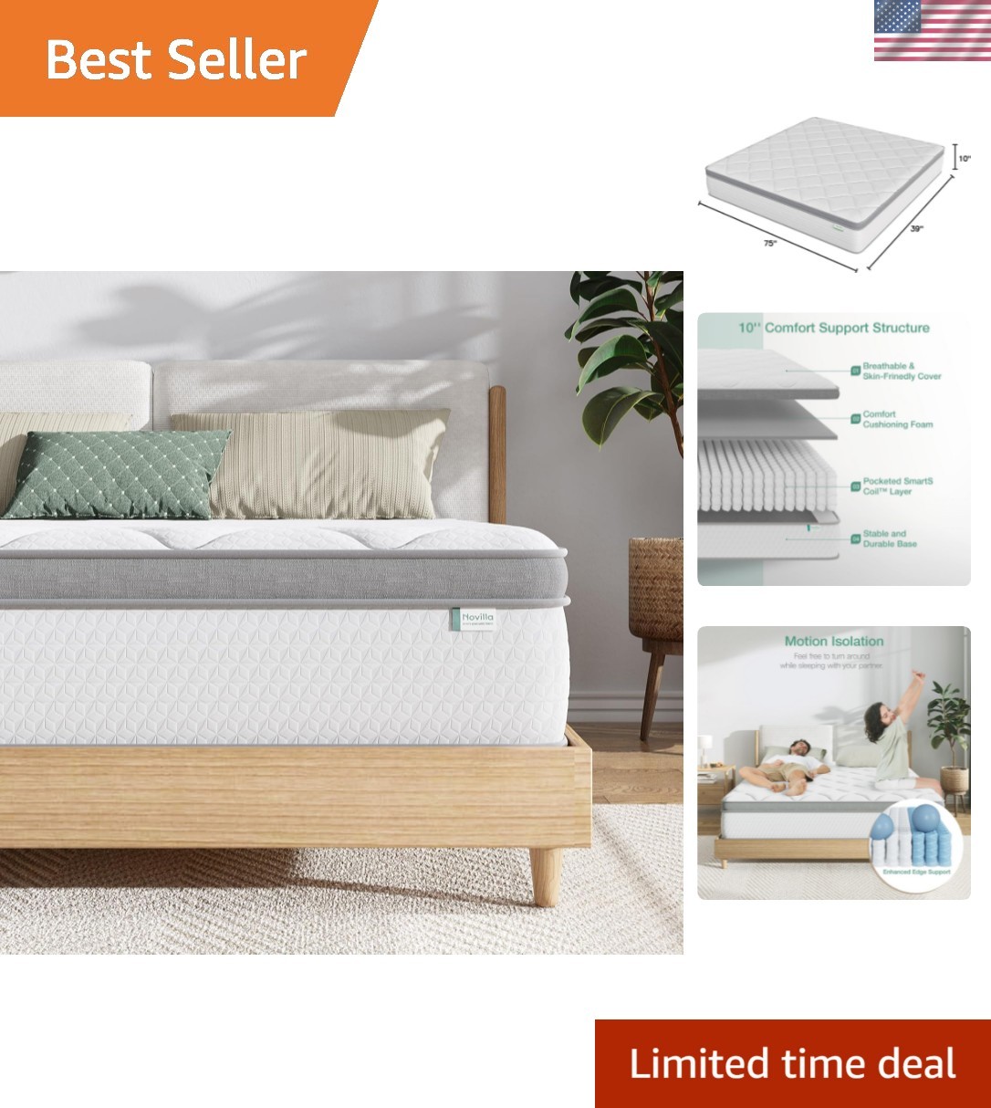 Twin Mattress, 10 Inch Twin Hybrid Mattress for Kids, Pocket Innerspring Pill…