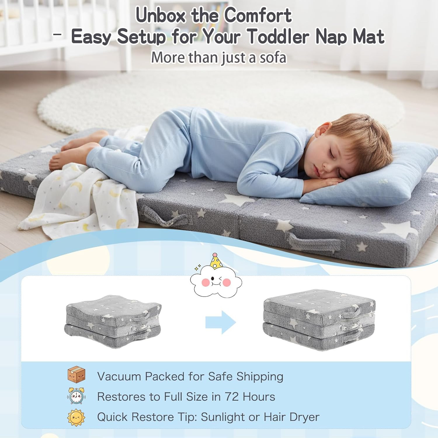 Foldable Floor Mattress for Kids-Glow in the Dark Toddler Nap Mat with Storage B