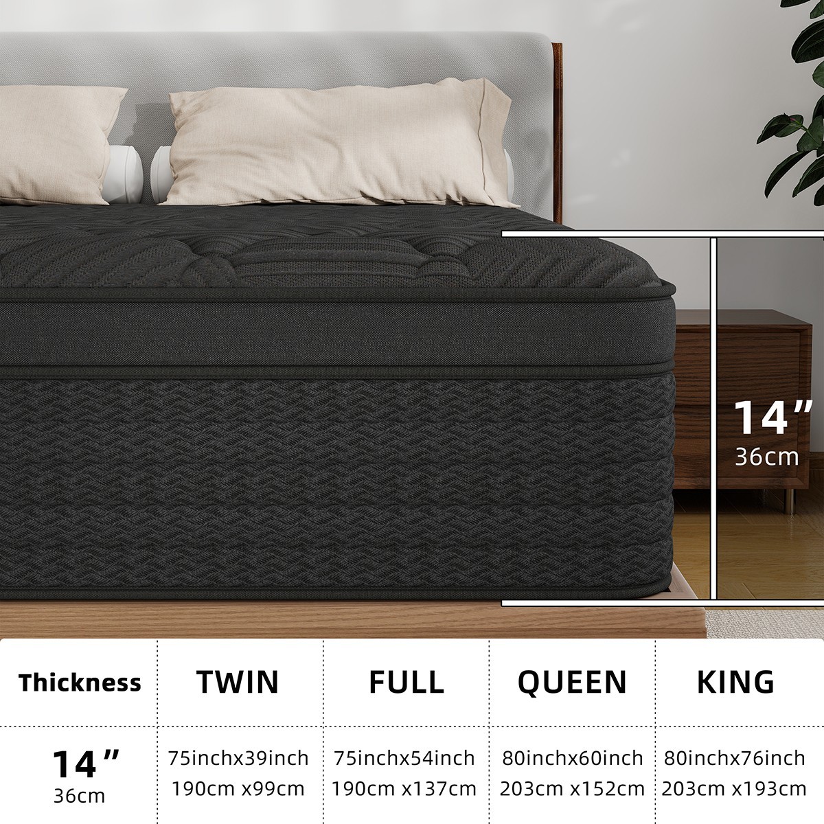 12″14″ Mattress in a Box Pocket Spring Gel Memory Foam Twin Full Queen King Size