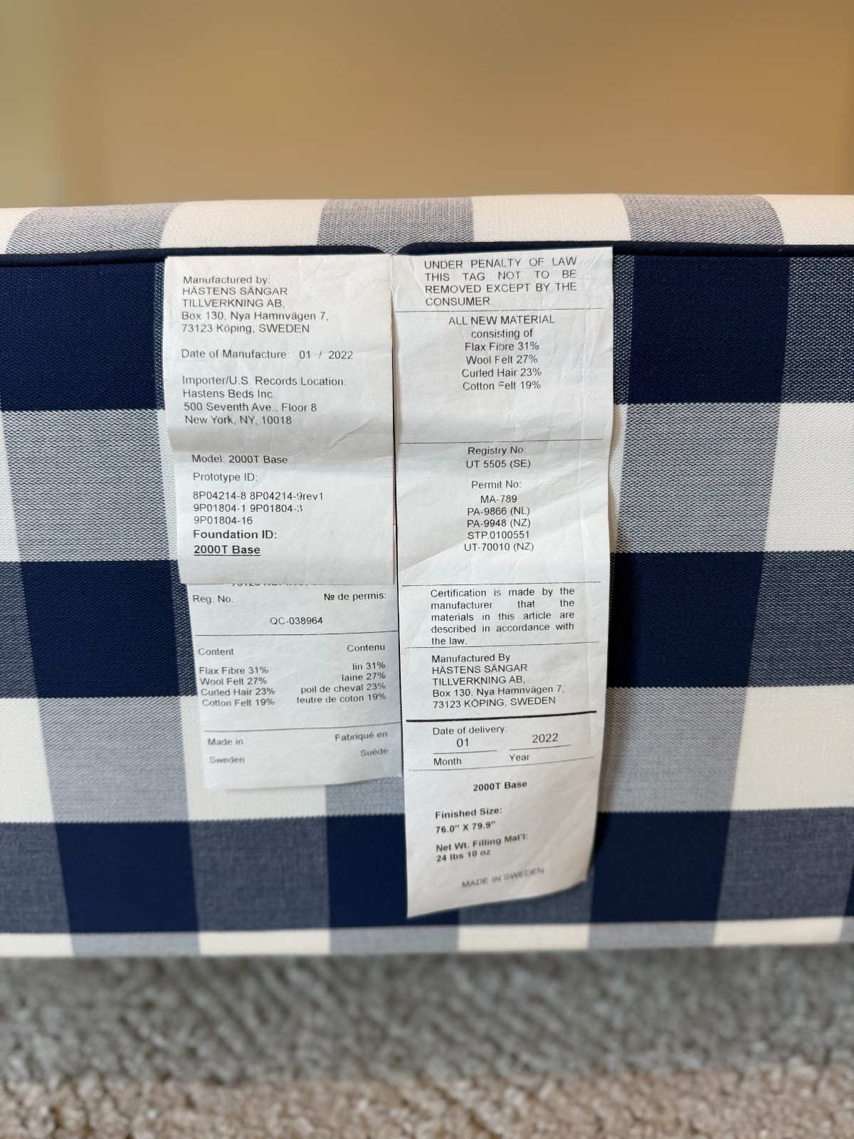 $91,000 HASTENS 2000t MATTRESS/BED