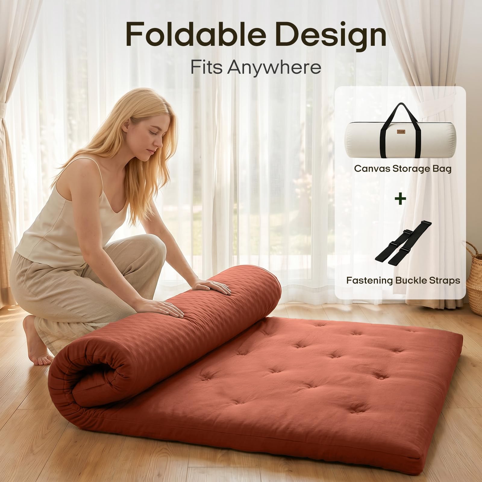 Japanese Floor Futon Mattress Twin Size 75″x 39″, 100% Cotton Cover 4″ Thicke…