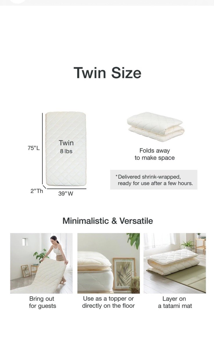 FULI Japanese Futon Floor Tatami Sleeping Pad, Shikibuton Roll Up Bed White Twin
