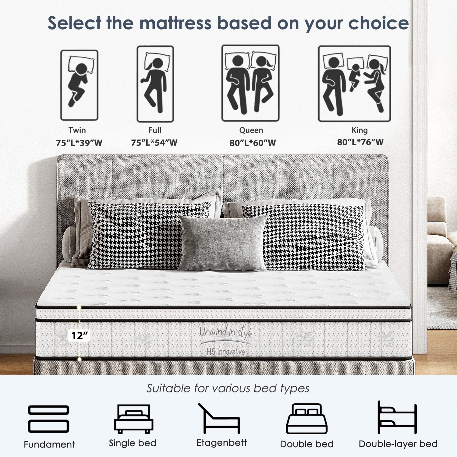 Queen Size 12″ Hybrid Mattress Medium Firm with Memory Foam & Pocket Springs