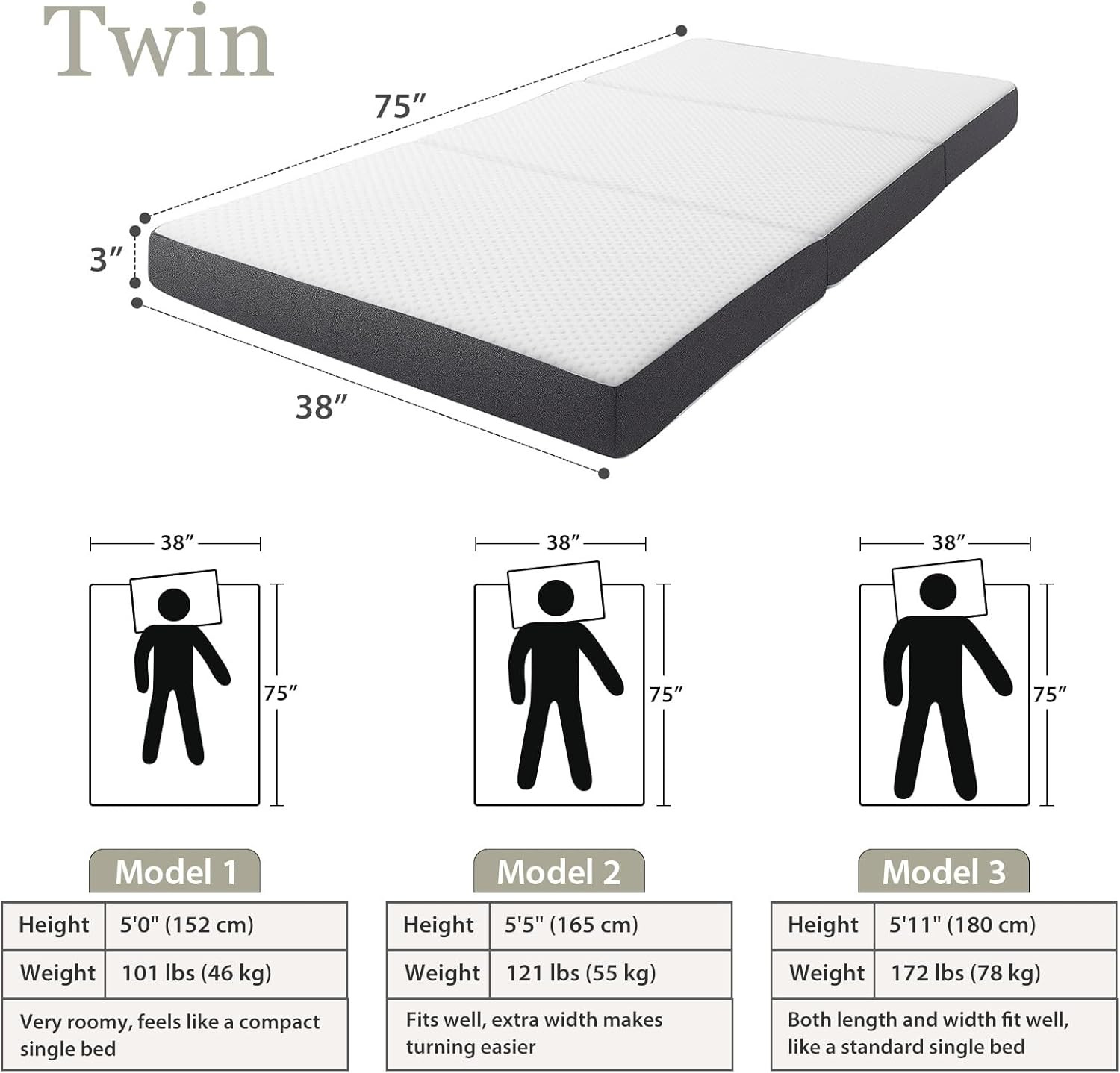 Portable Tri-Fold Memory Foam Mattress – 3″ Twin Folding Sleep Mat for Guests