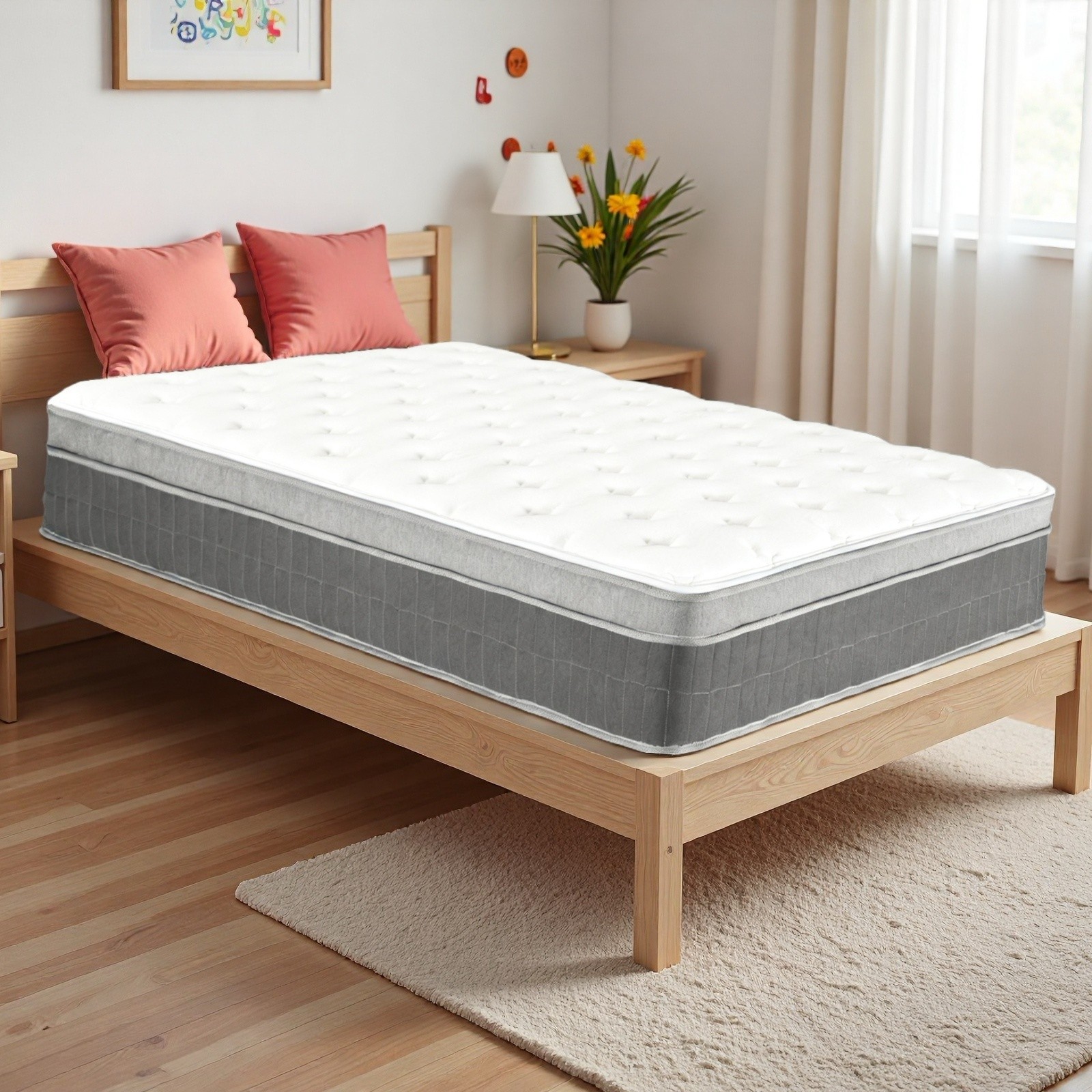 Twin Hybrid Mattress 12″ – Memory Foam Medium Firm Breathable Gray Trim