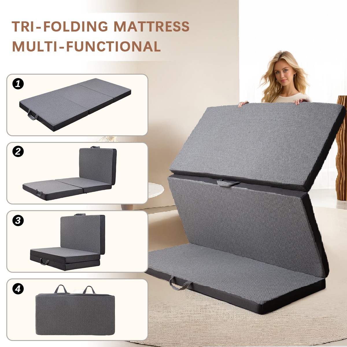 Portable 4/6Inch Folding Mattress Topper with Machine Washable Corduroy Cover