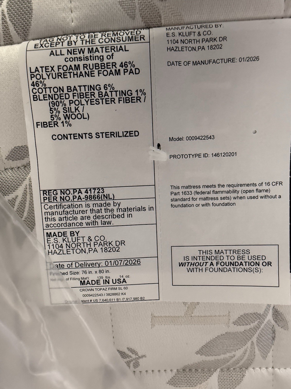 KLUFT CROWN LATEX KING TOPAZ FIRM 2026 MATTRESS NEW CLEARANCE FAST SHIP