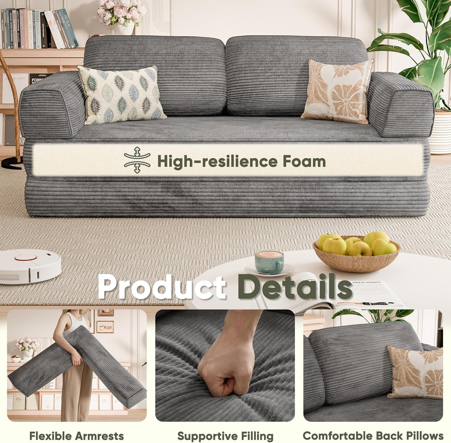 4-in-1 Convertible Sofa Bed, Oversized Bonel Couch with 4 Fre