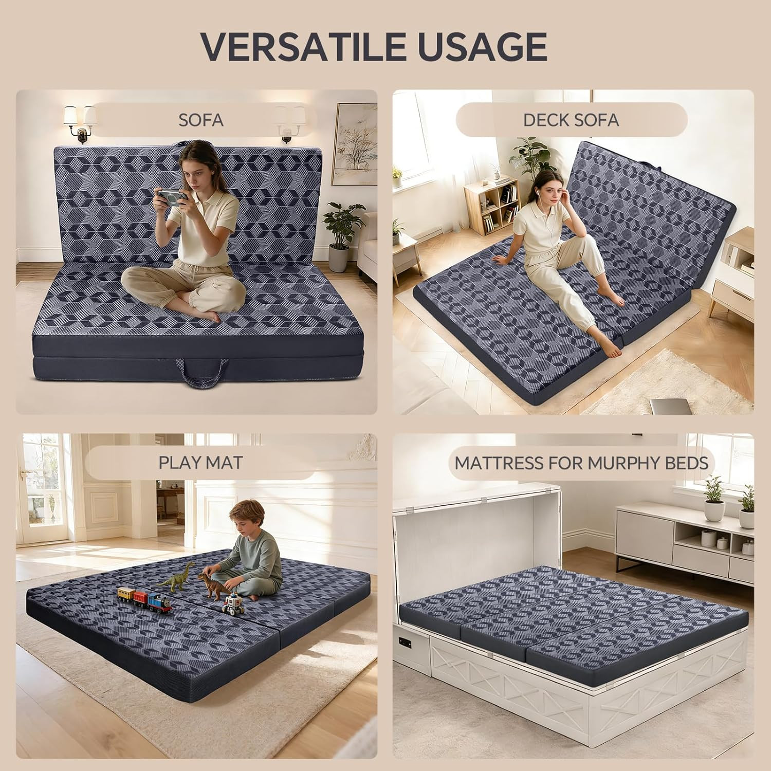 Portable Tri-Fold Twin Mattress, 4″ Memory Foam, Washable Cover, Dark Grey