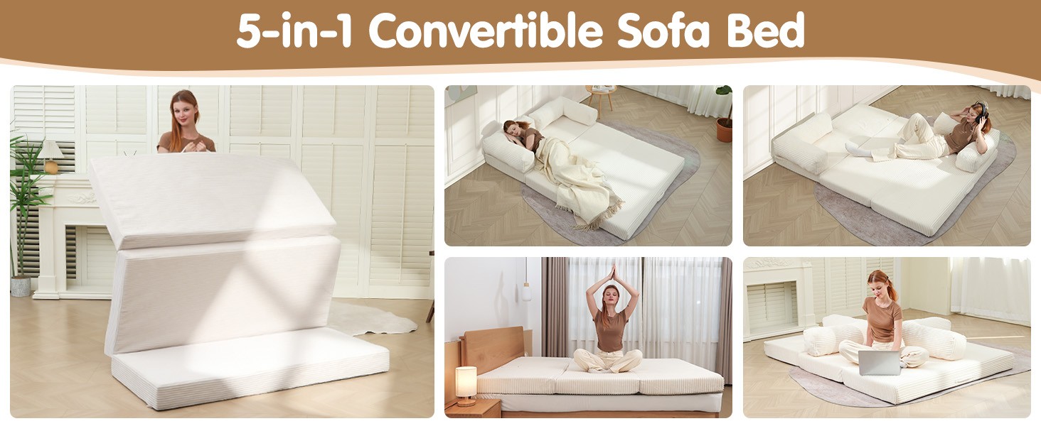 Convertible Sofa Bed Queen,5-in-1 Tri-Fold Bonel Couch with Removable