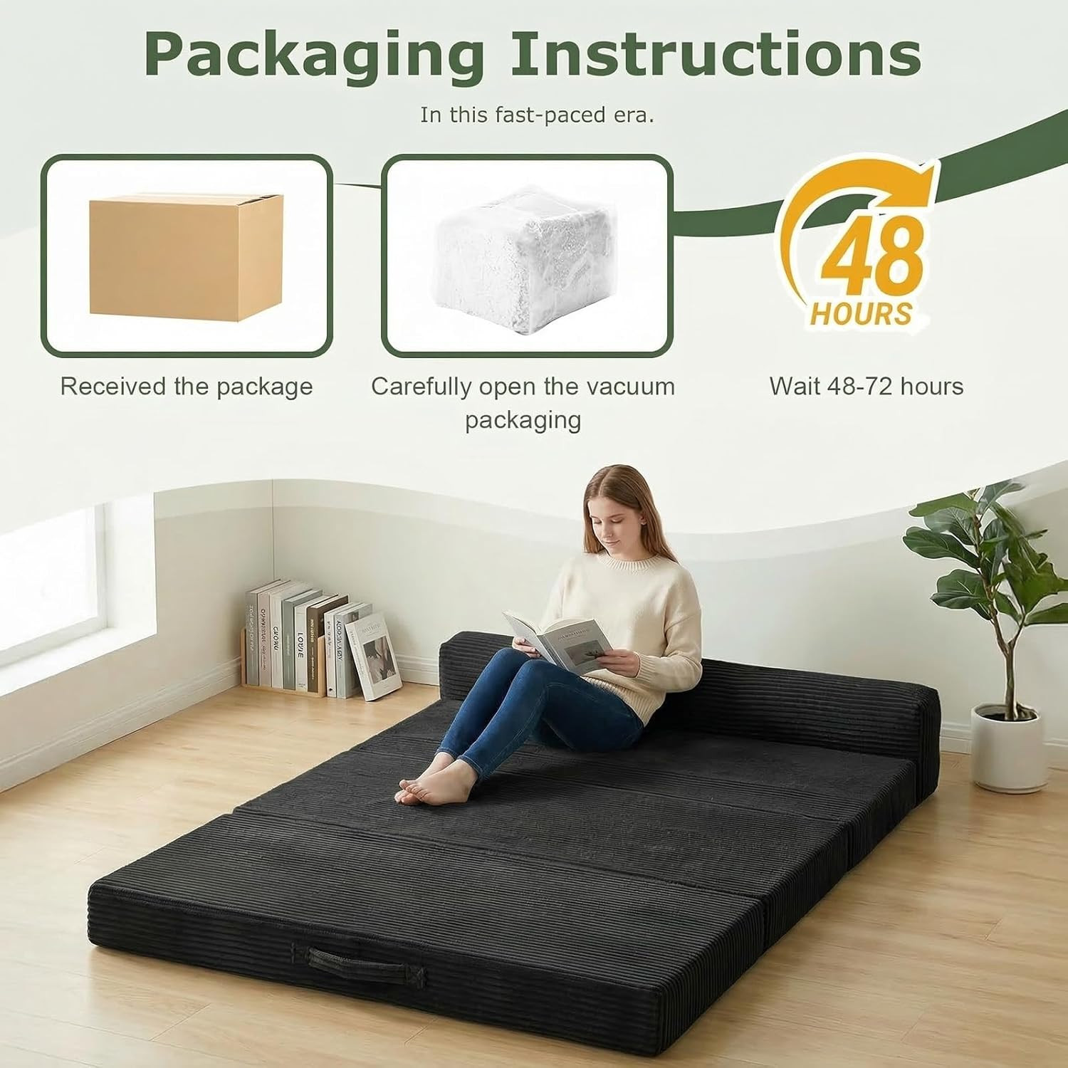 6″ Tri-Folding Full Mattress Sofa Bed, Washable Cover, High-Density Foam, Black