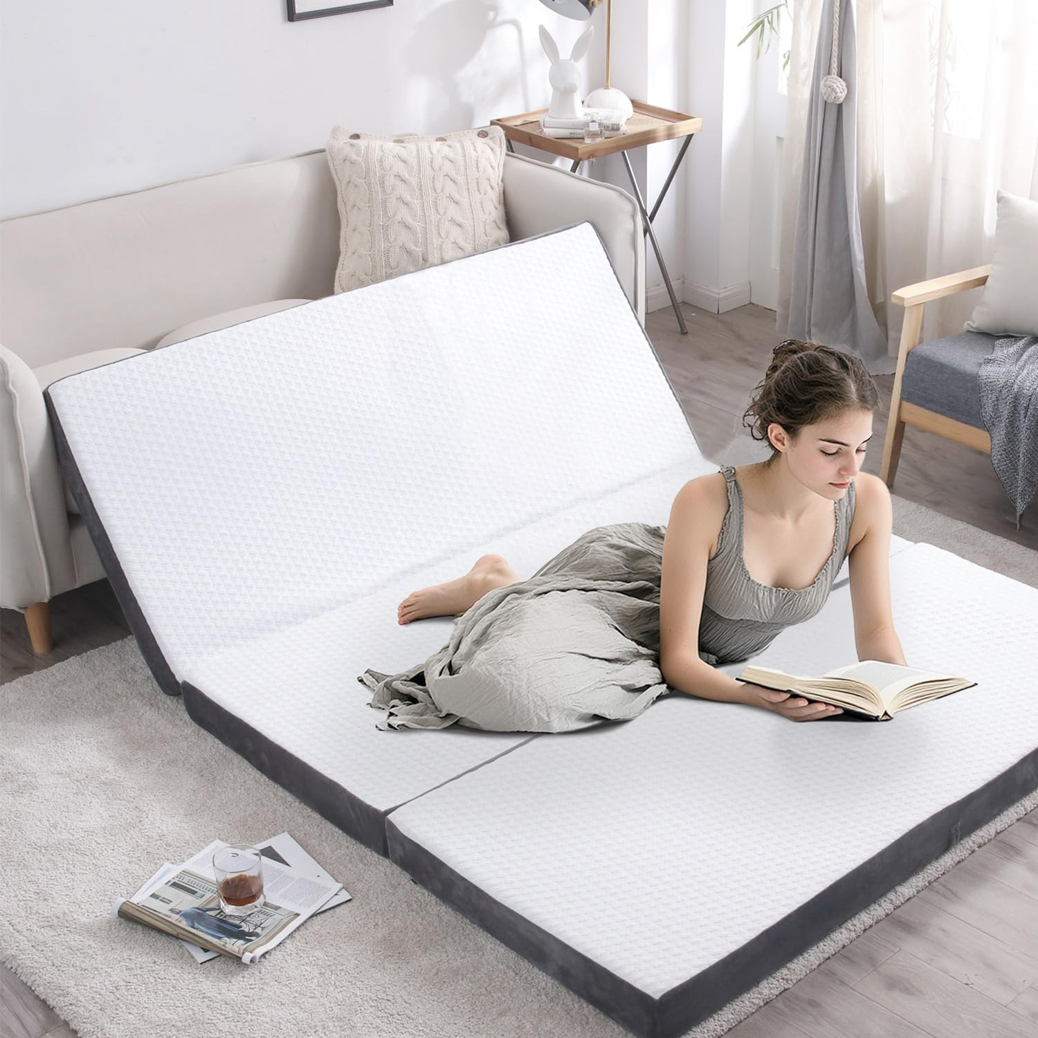 Folding Foam Mattress 4 Inches Foldable Floor Mattresses with Collapsible and Wa