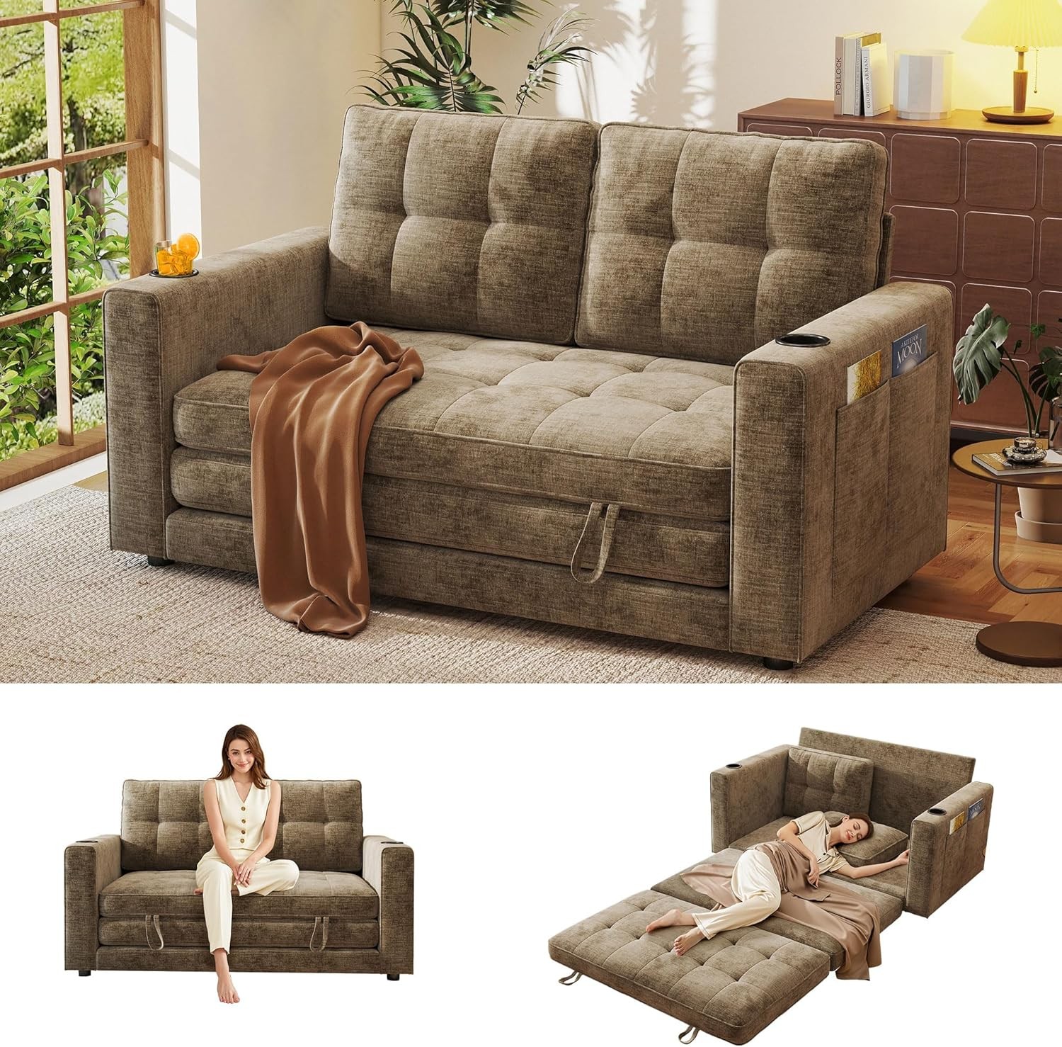 55″ Convertible Folding Sofa Bed, Pull Out Couch Love Seat Sleeper Bed,